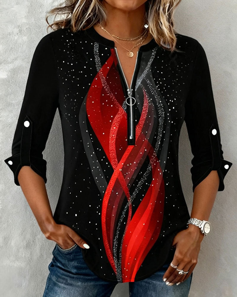 Bluzka z długim rękawem i nadrukiem, zapinana na pół suwaka