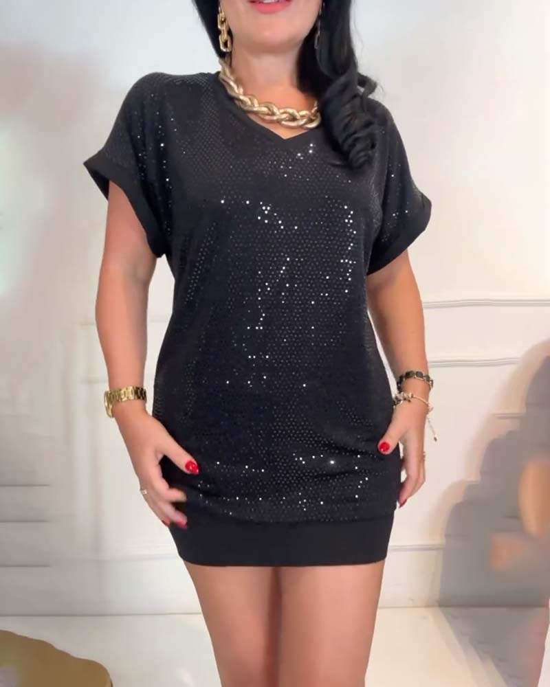 Bluzka z dekoltem w serek, cekinami, elegancka