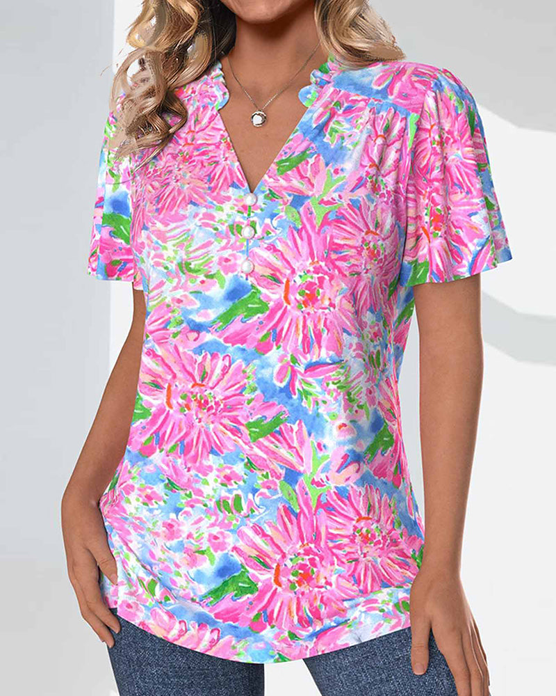 Bluzka z krótkim rękawem, kwiatami i guzikami