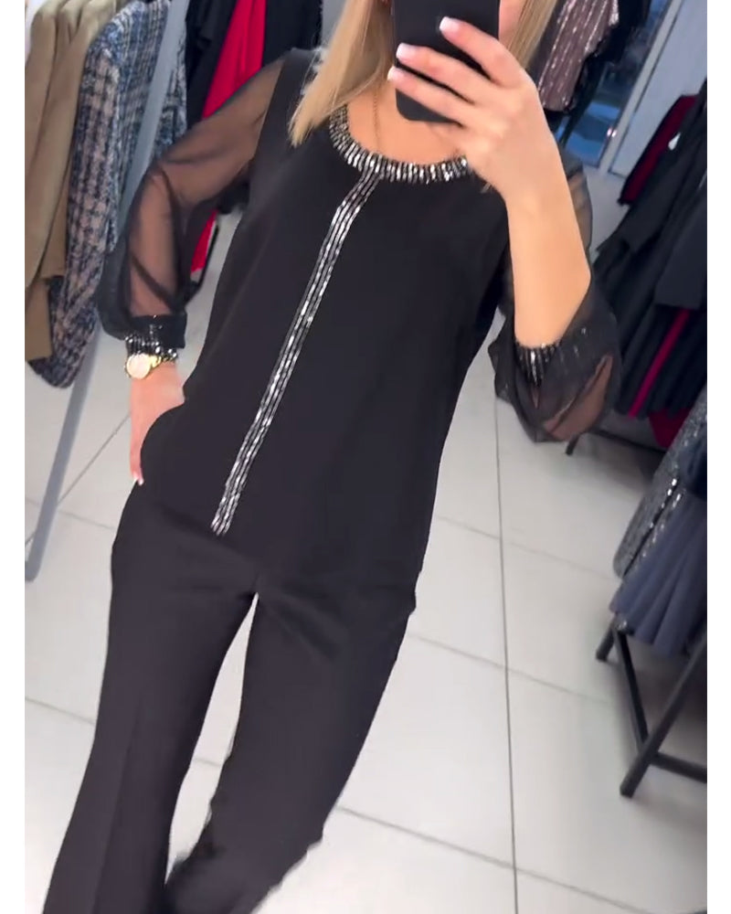 Bluzka z panelem cekinowym i długimi rękawami