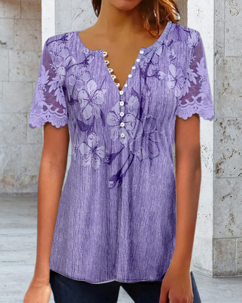 Bluzka z koronkową wstawką, okrągły dekolt, nadruk