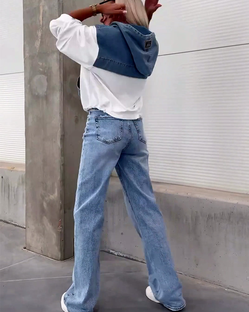 Luźna, dżinsowa, patchworkowa bluza z kapturem i zamkiem błyskawicznym