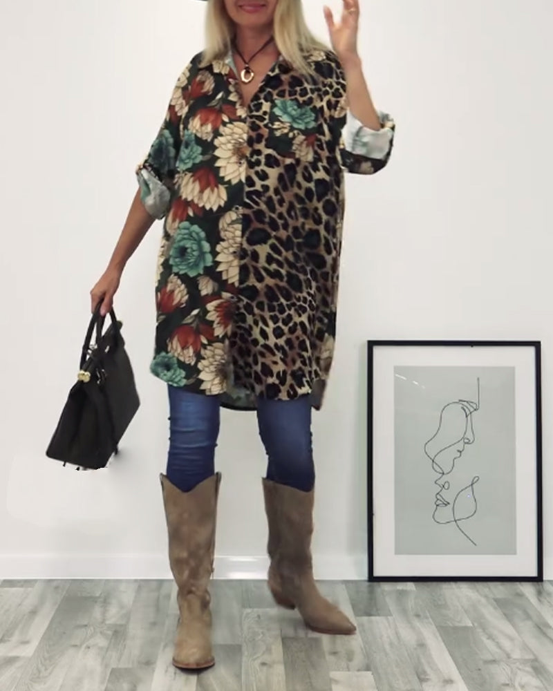 Koszula z klapami, patchworkiem i nadrukiem w panterkę