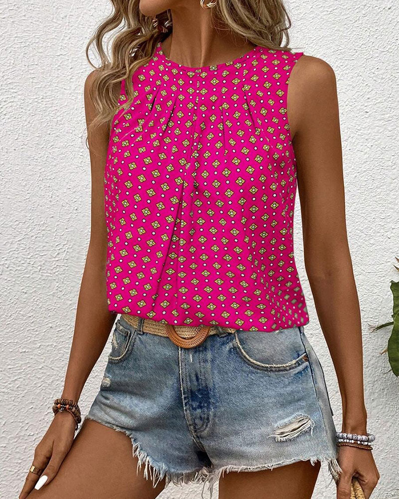 Top bez rękawów z okrągłym dekoltem i nadrukiem