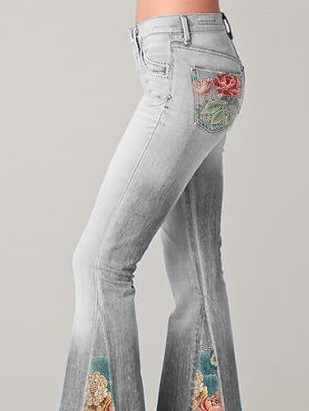 Spodnie jeansowe dzwony z nadrukiem w kwiaty w stylu vintage - stylowe spodnie jeansowe damskie