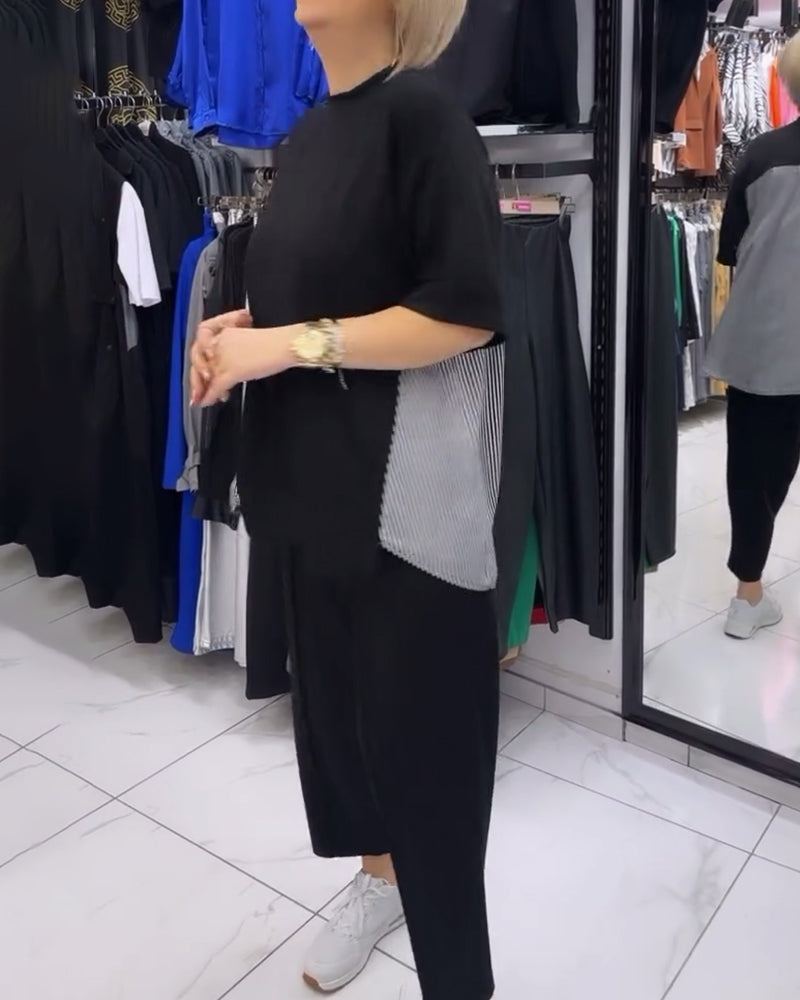 Luźna bluzka z patchworkiem i prążkami