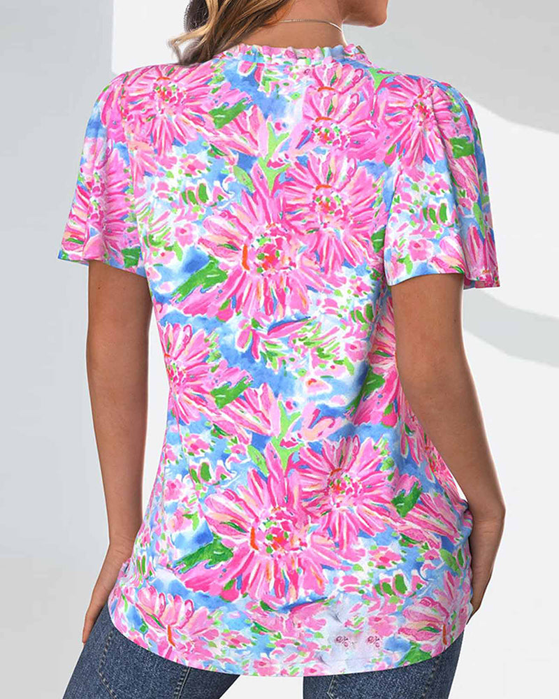 Bluzka z krótkim rękawem, kwiatami i guzikami