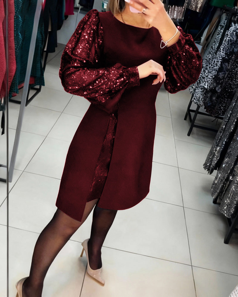 Elegancka sukienka z bufiastymi rękawami i patchworkowymi detalami