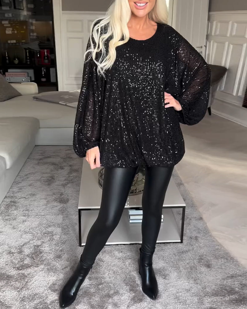 Bluzka z okrągłym dekoltem, bufiastymi rękawami i cekinami