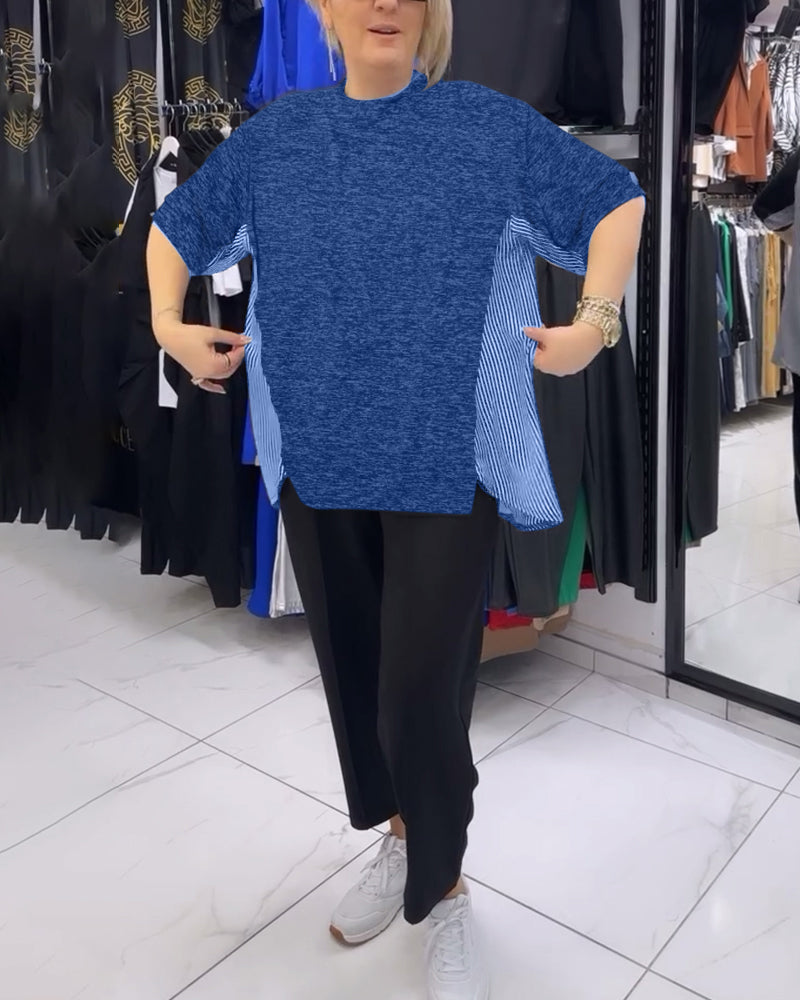 Luźna bluzka z patchworkiem i prążkami