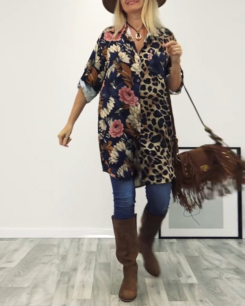 Koszula z klapami, patchworkiem i nadrukiem w panterkę