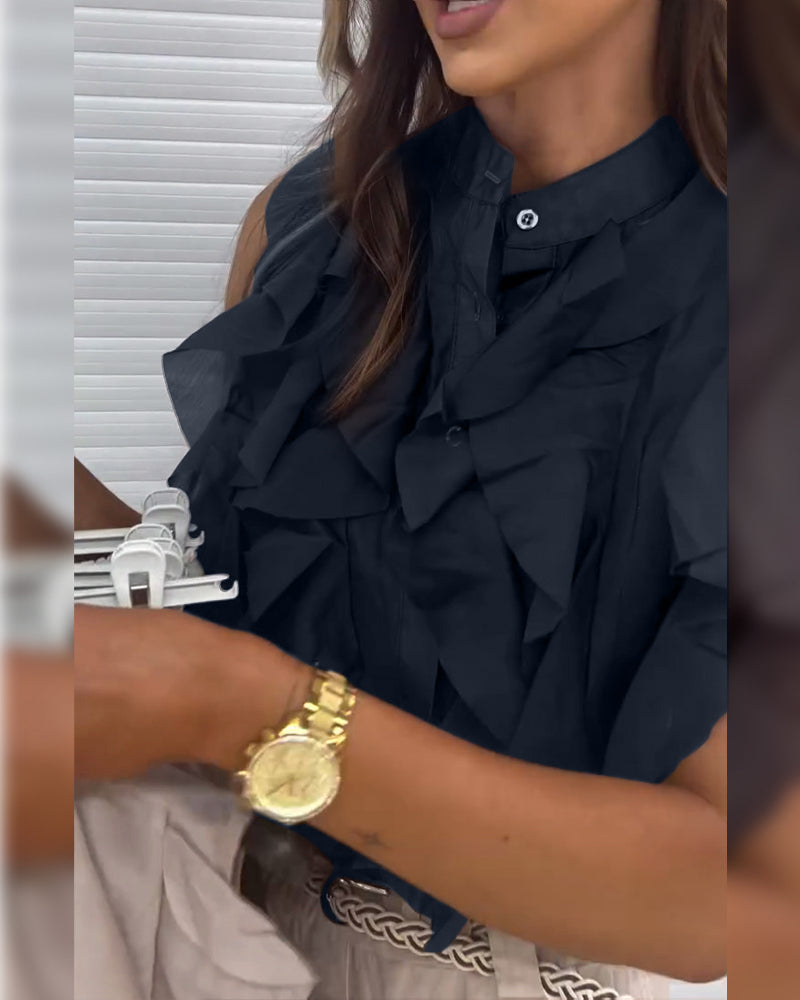 Top bez rękawów z falbanką i nadrukiem