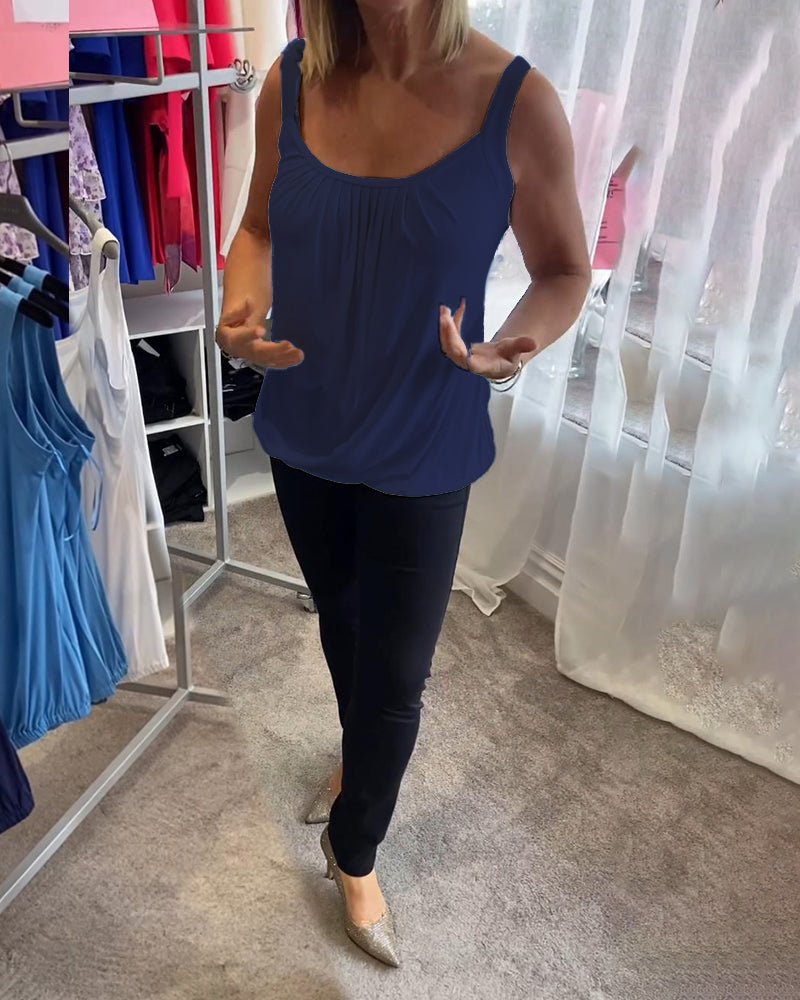 Luźny top bez rękawów z zakładkami i jednolitym kolorem