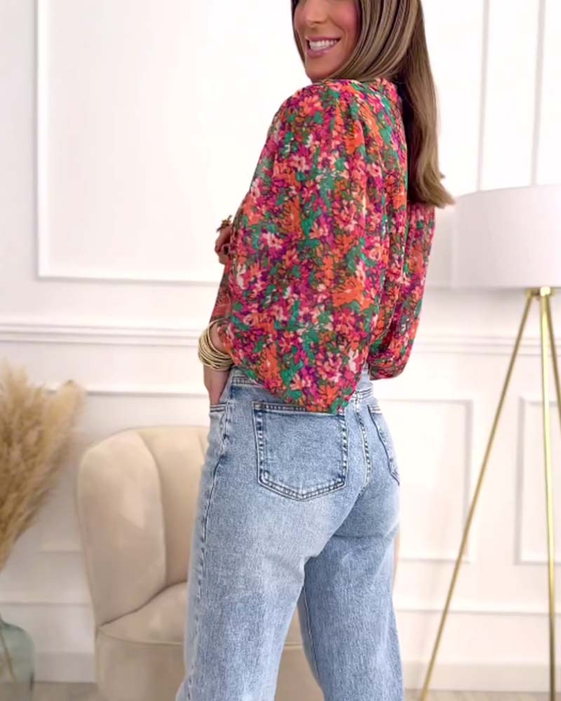 Koszula z nadrukiem, zapinana na guziki i bufiastymi rękawami