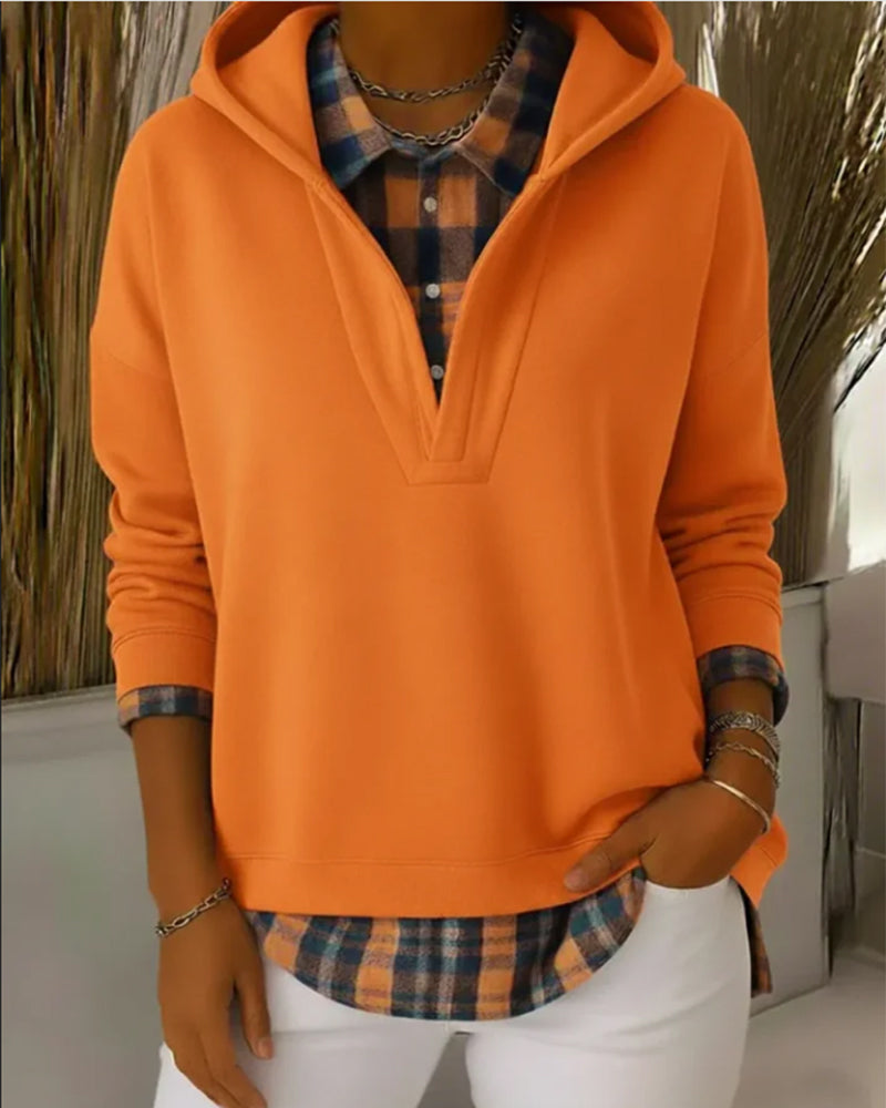 Bluza z kapturem dwuczęściowa w kratkę z imitacją patchworku