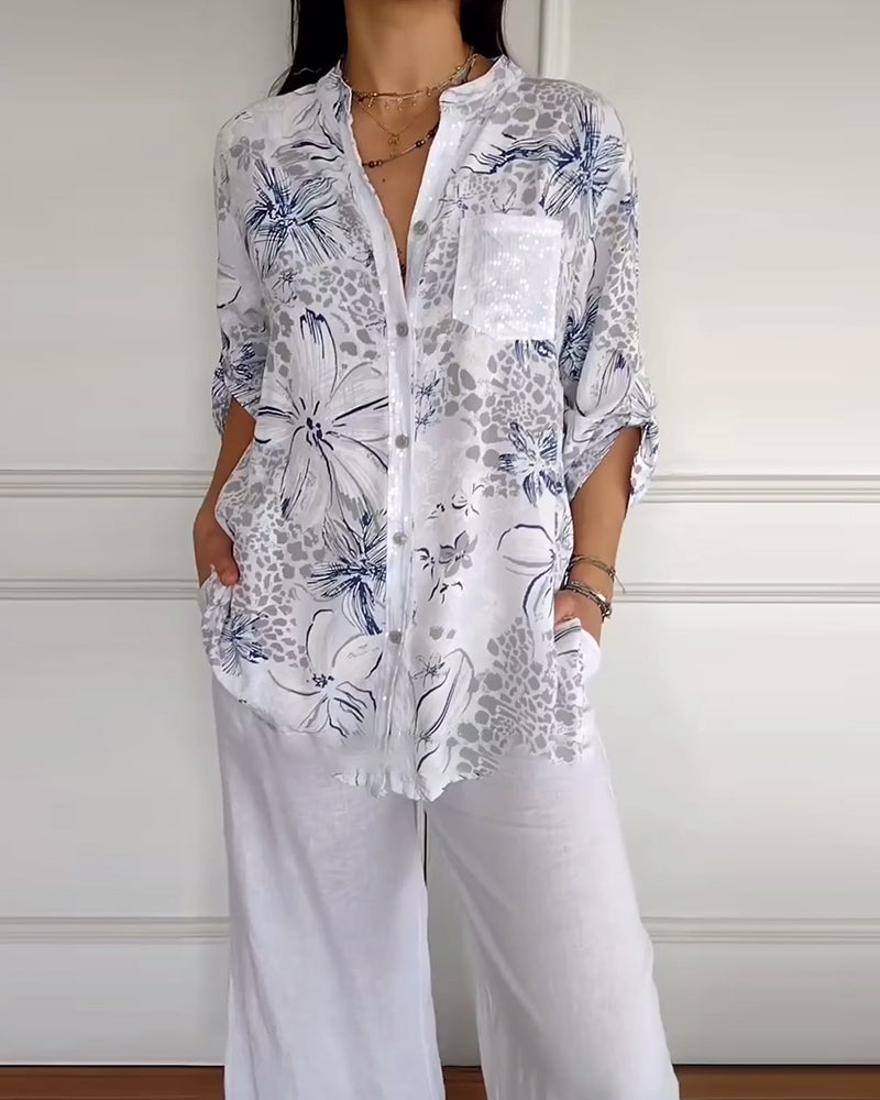 Koszula ze stojącym kołnierzykiem i nadrukowaną kieszenią