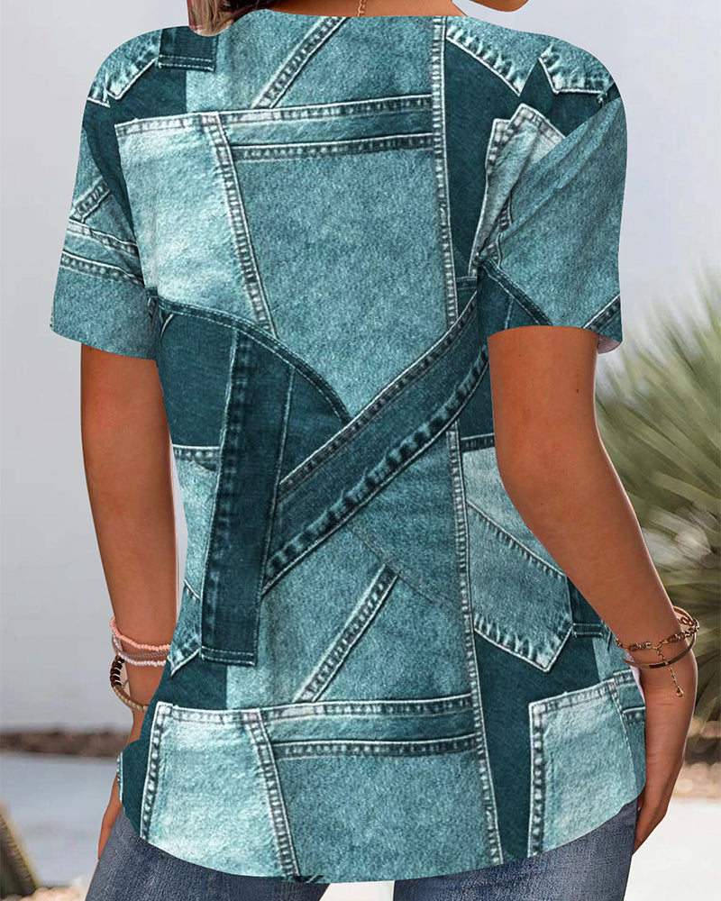 Bluzka vintage denim kontrastowe wycięcie