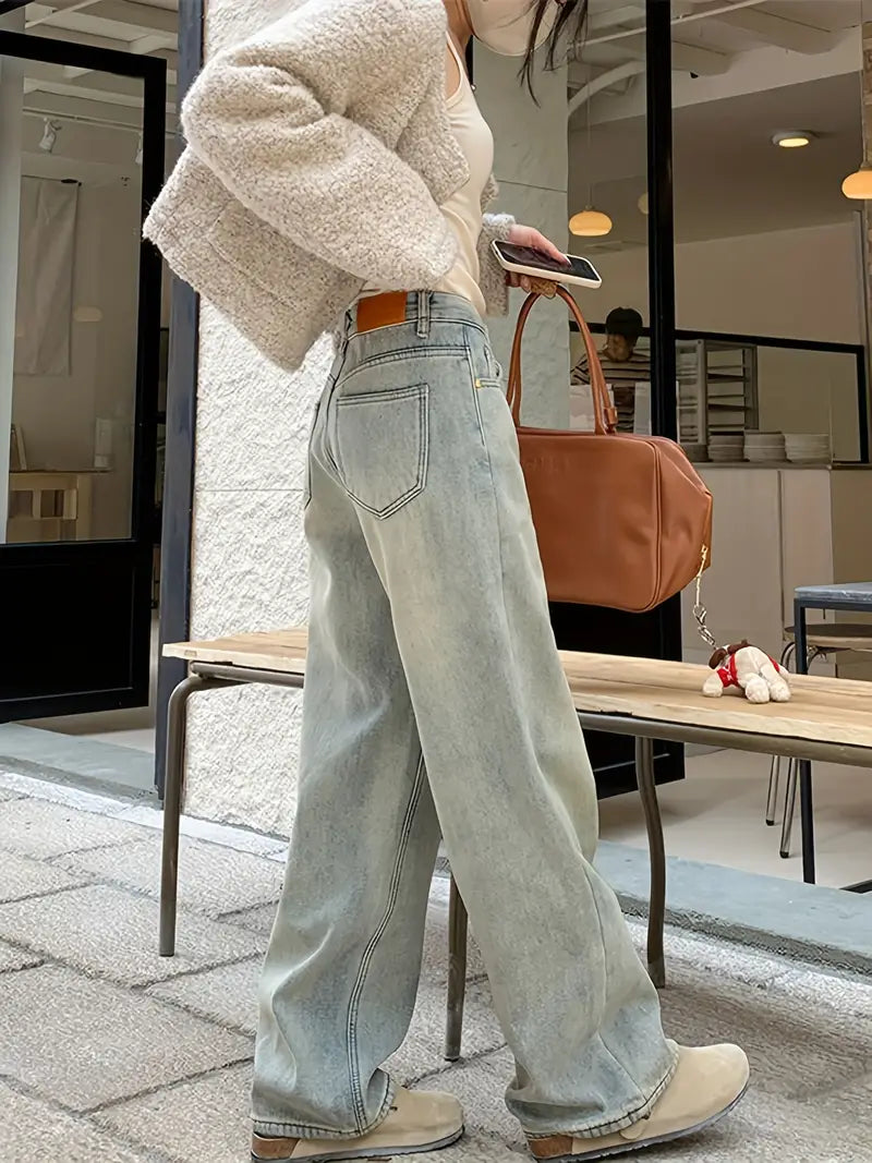 Jeansy z wysokim stanem i prostym krojem - damskie spodnie casualowe samtblauw