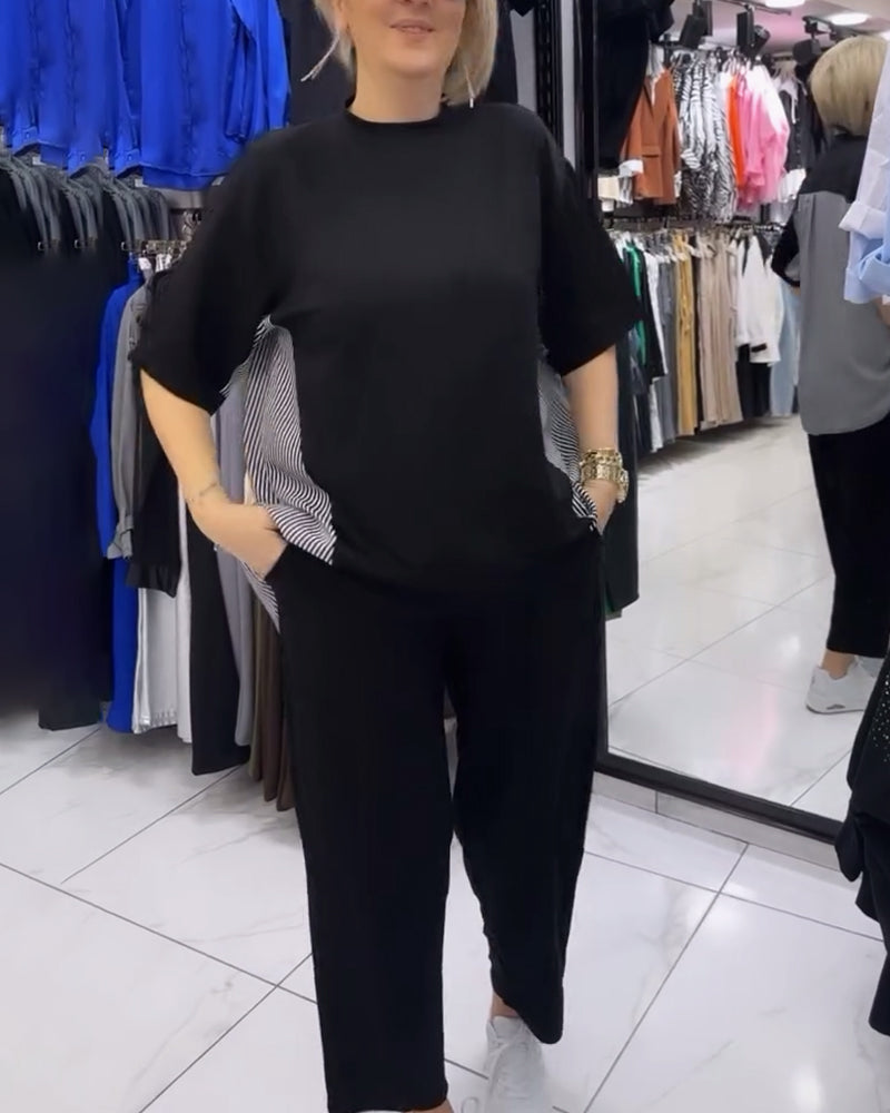 Luźna bluzka z patchworkiem i prążkami