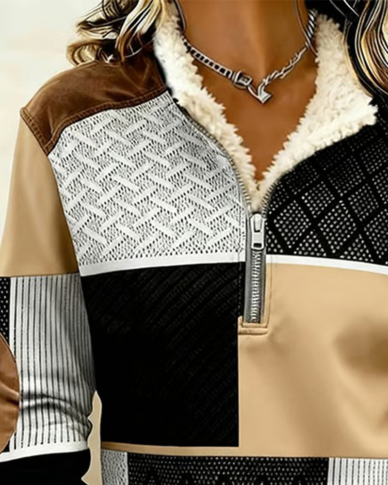 Bluza z zamkiem błyskawicznym do połowy, z podszewką z polaru, z blokiem kolorów