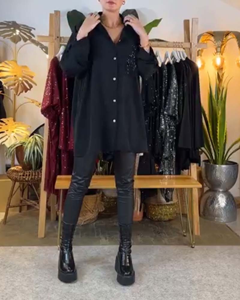 Koszula casualowa luźna temperament kieszonka cekiny