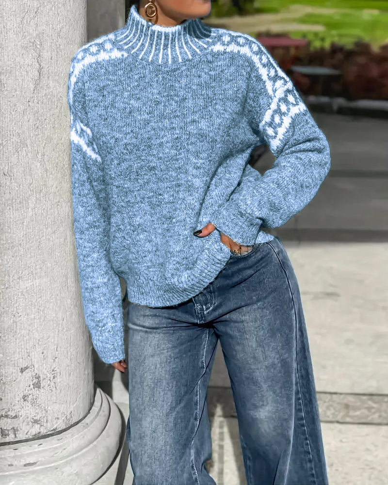 Sweter z wysokim kołnierzem i wzorem kontrastowym