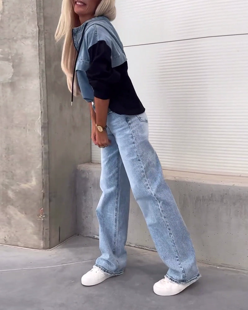 Luźna, dżinsowa, patchworkowa bluza z kapturem i zamkiem błyskawicznym