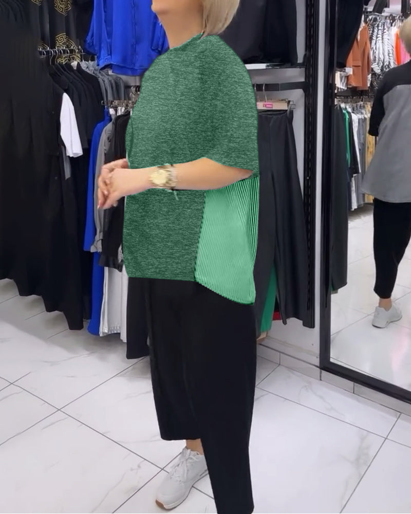 Luźna bluzka z patchworkiem i prążkami