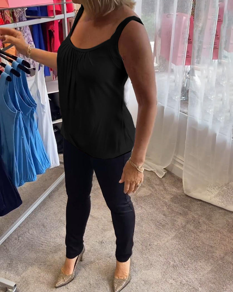 Luźny top bez rękawów z zakładkami i jednolitym kolorem