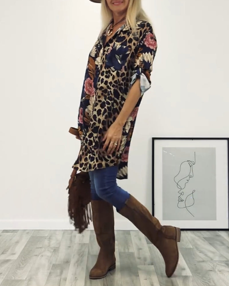 Koszula z klapami, patchworkiem i nadrukiem w panterkę