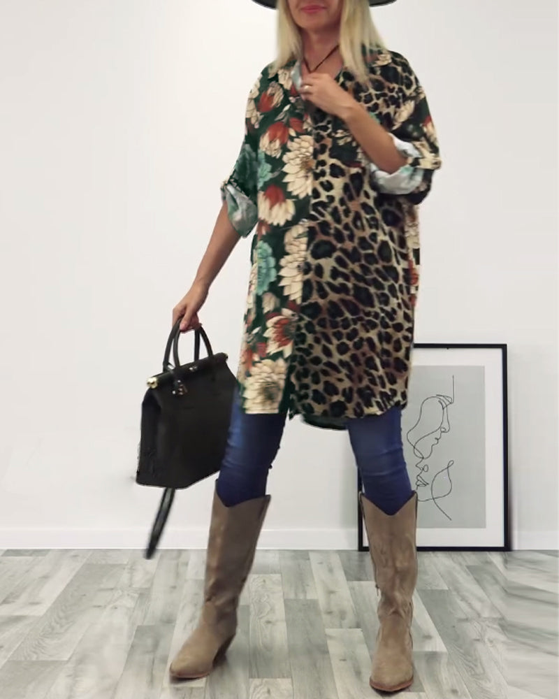 Koszula z klapami, patchworkiem i nadrukiem w panterkę