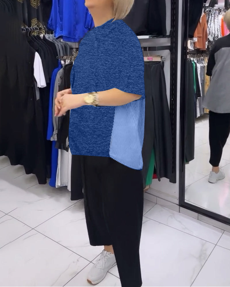 Luźna bluzka z patchworkiem i prążkami