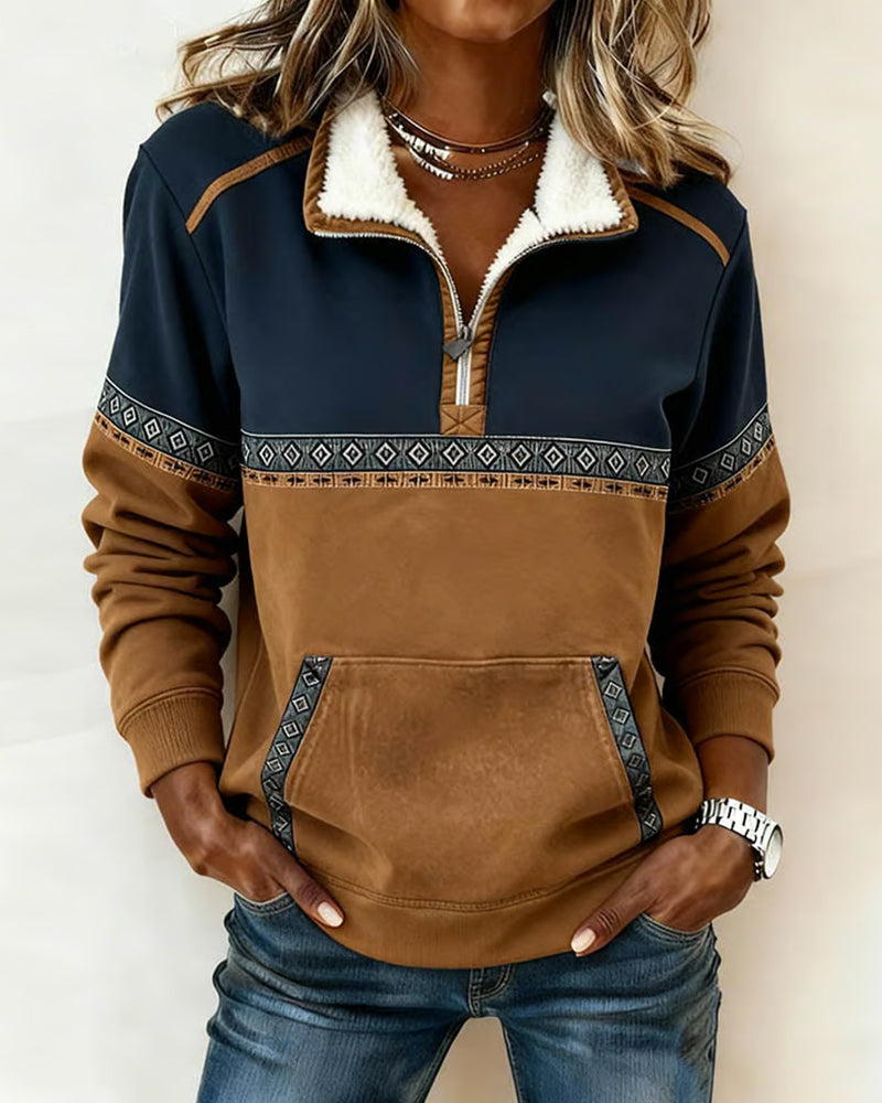 Bluza retro z blokami kolorów i futrzanym kołnierzem