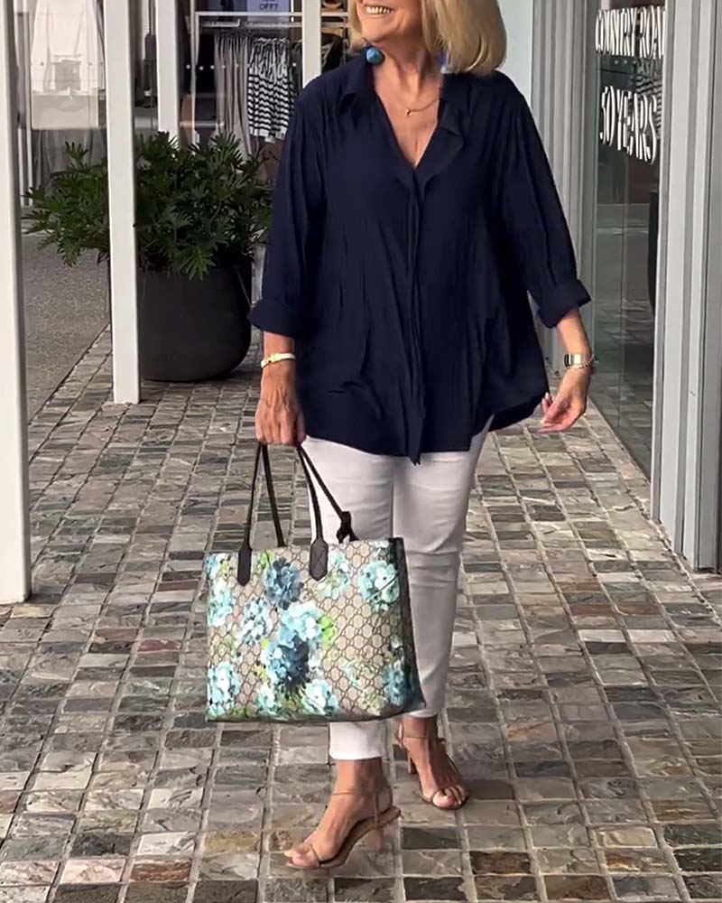 Bluzka z klapami w jednolitym kolorze, luźna