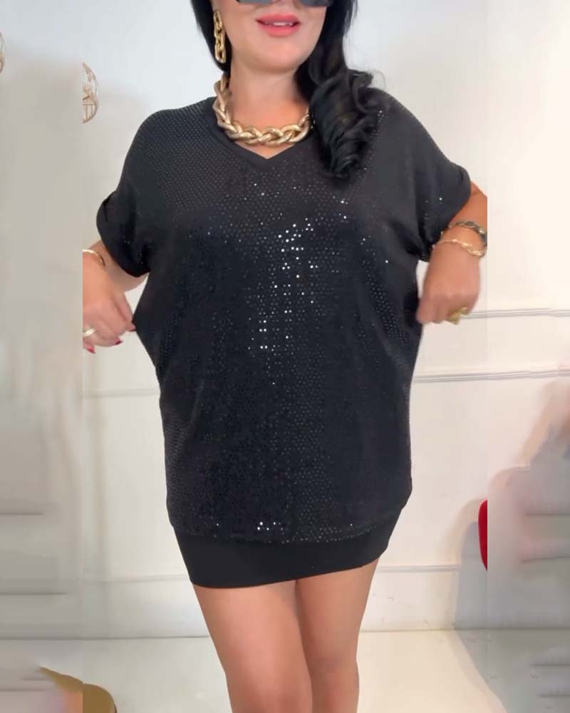 Bluzka z dekoltem w serek, cekinami, elegancka