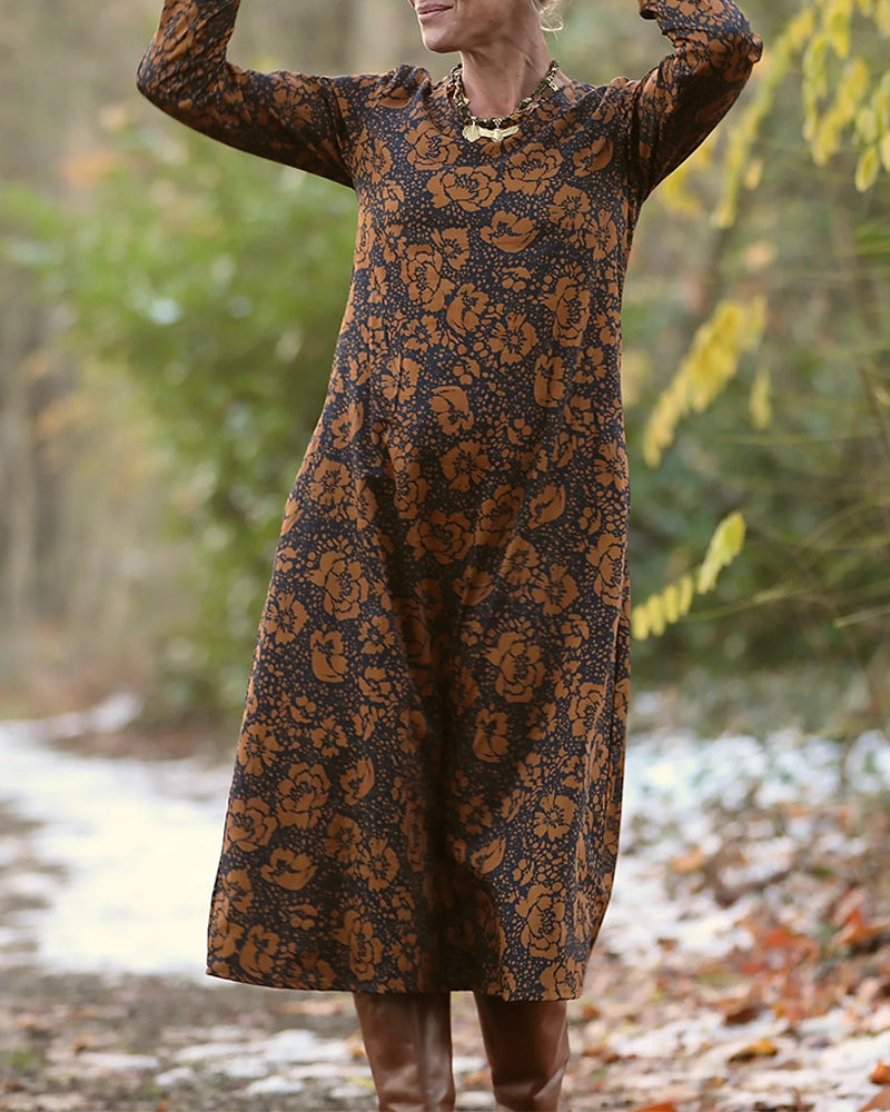 Sukienka z nadrukiem kwiatowym, okrągłym dekoltem, luźny krój