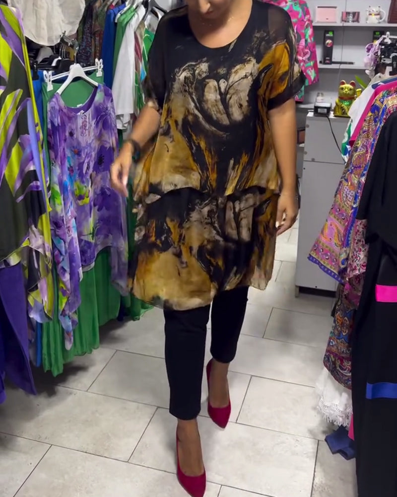 Top z okrągłym dekoltem, luźny, swobodny, z nadrukiem