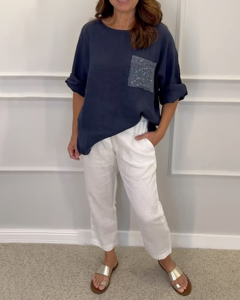 Bluzka z okrągłym dekoltem i kieszeniami z cekinów