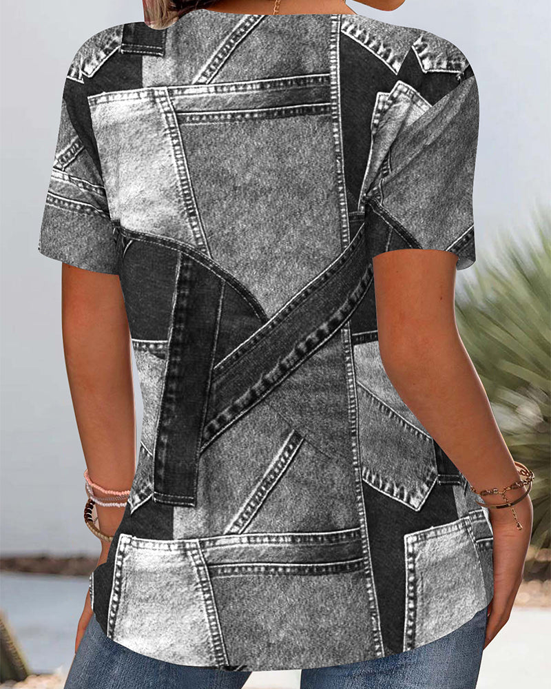 Bluzka vintage denim kontrastowe wycięcie