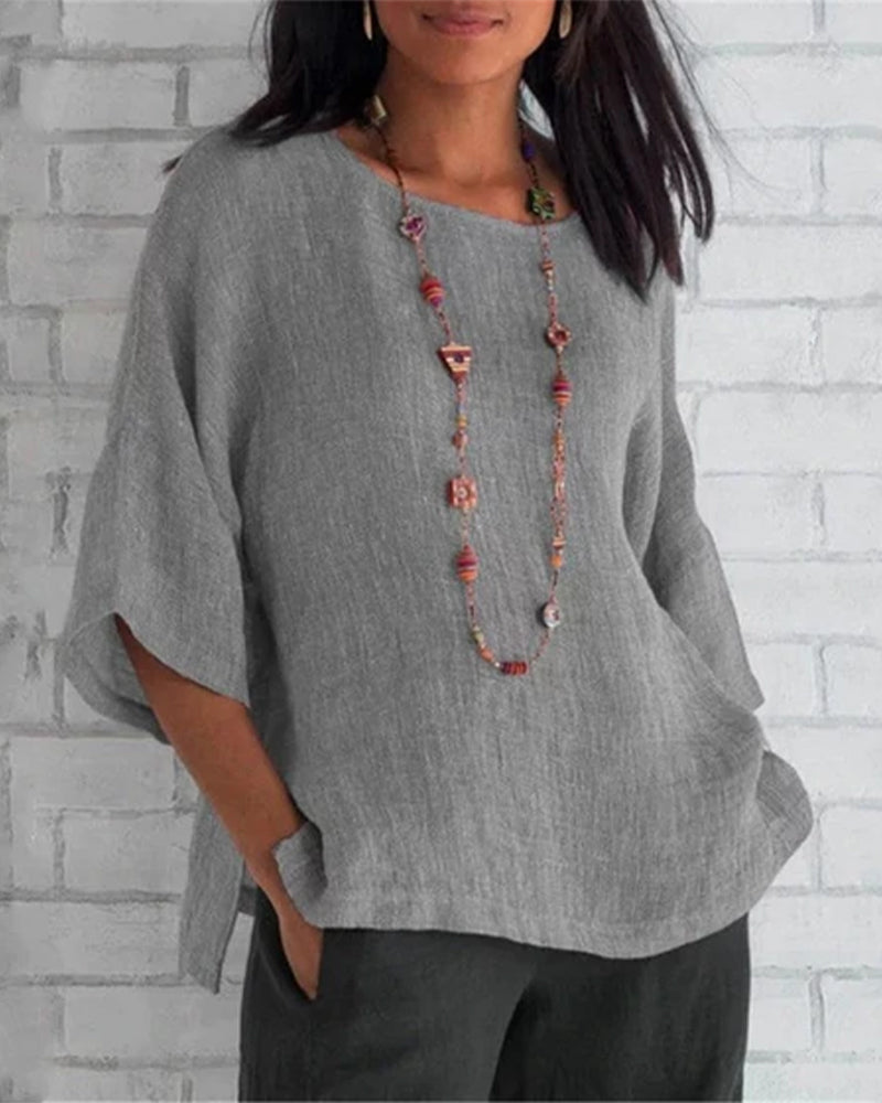 Gładki top z okrągłym dekoltem i rękawami 3/4