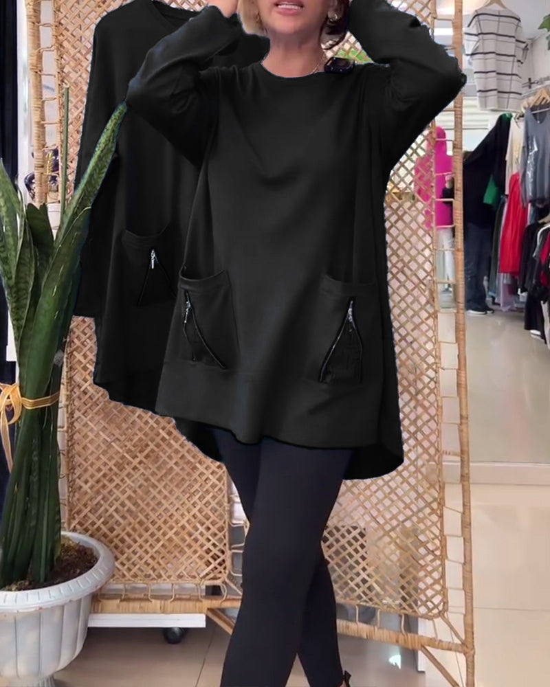 Bluza z okrągłym dekoltem, jednolitym kolorem, kieszenią na zamek