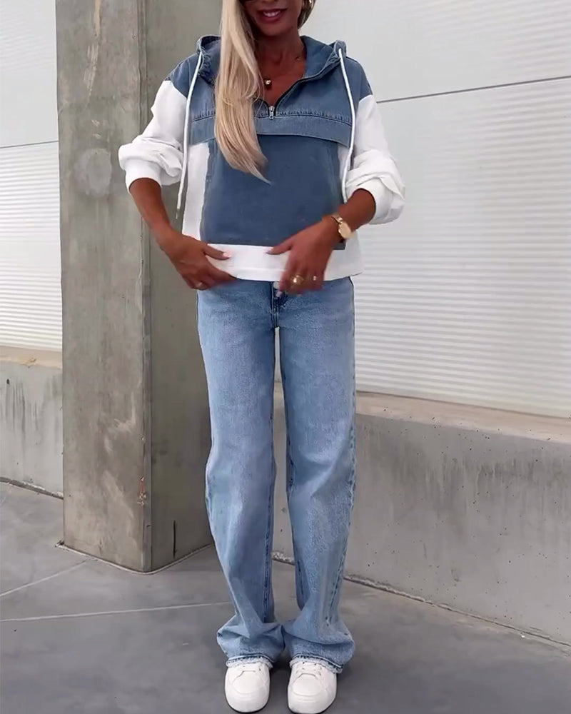 Luźna, dżinsowa, patchworkowa bluza z kapturem i zamkiem błyskawicznym