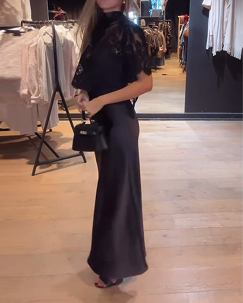 Komplet bluzki z koronki i siateczki z drapowaną sukienką typu slip