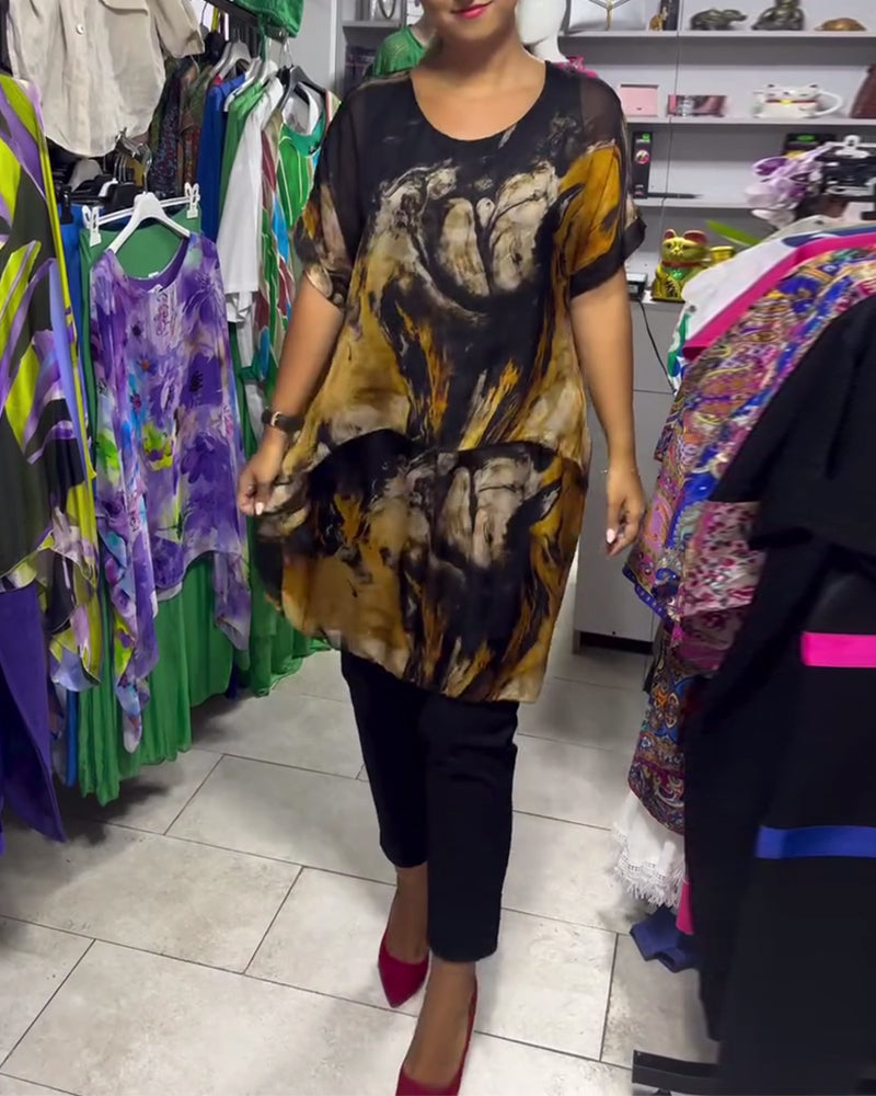 Top z okrągłym dekoltem, luźny, swobodny, z nadrukiem