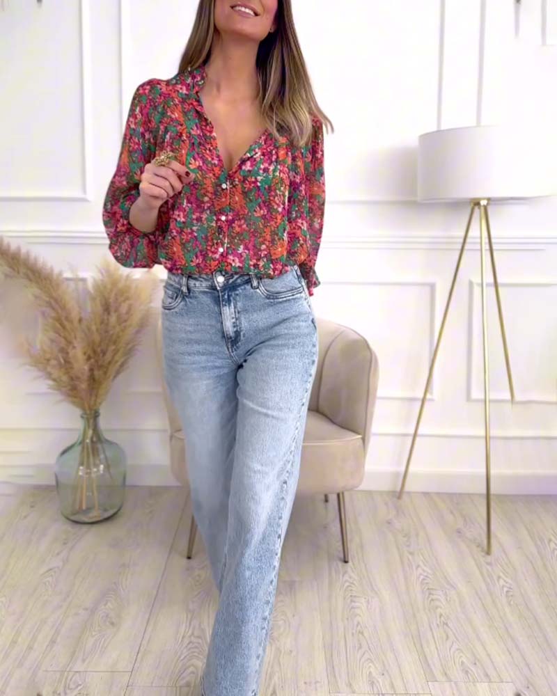 Koszula z nadrukiem, zapinana na guziki i bufiastymi rękawami