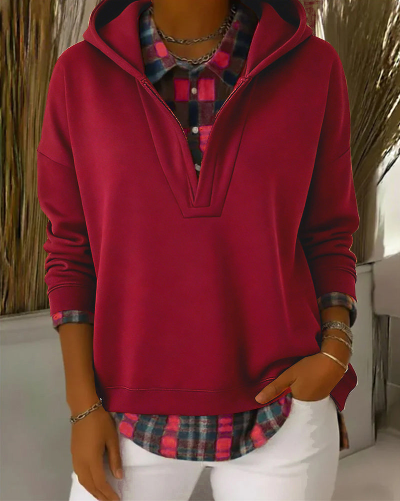 Bluza z kapturem dwuczęściowa w kratkę z imitacją patchworku