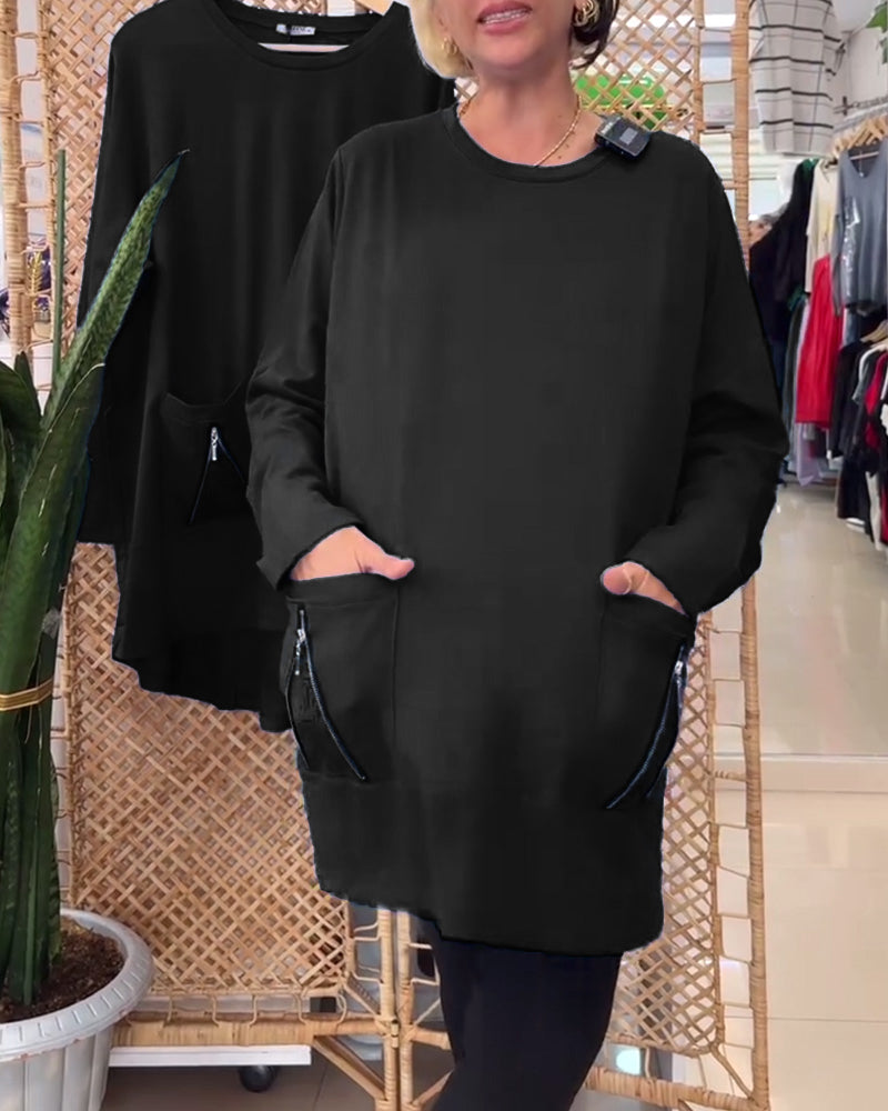 Bluza z okrągłym dekoltem, jednolitym kolorem, kieszenią na zamek