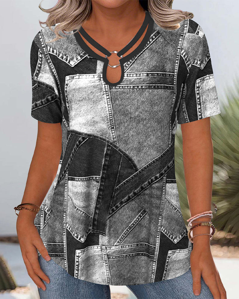 Bluzka vintage denim kontrastowe wycięcie