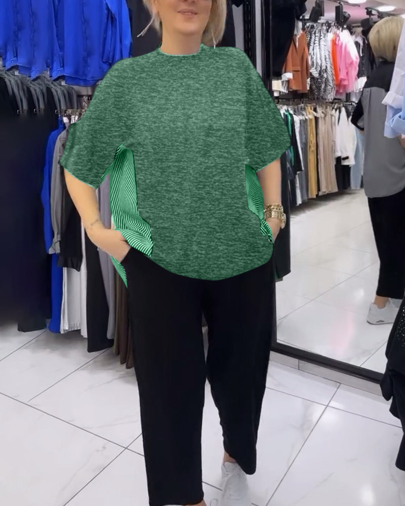 Luźna bluzka z patchworkiem i prążkami