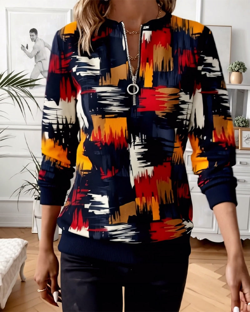 Bluza z nadrukiem, swobodna, zapinana na zamek, modna